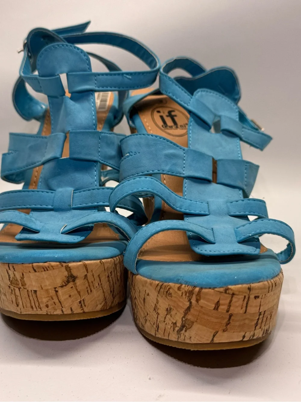 Turquoise Strappy Cork Wedge Sandals - Women - Picture 3 of 6